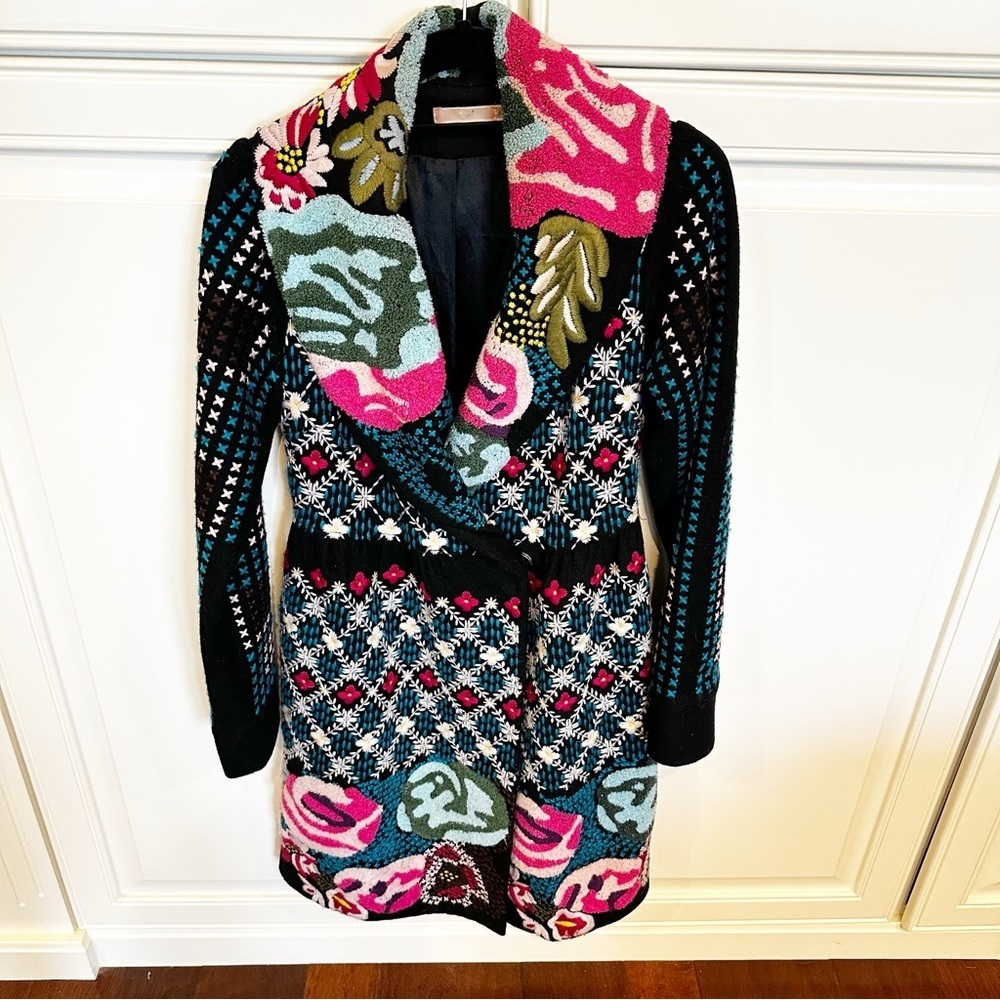 Anthropologie Hazel Women’s Wool Embroidered Tapestry Style Floral Rose Coat Med